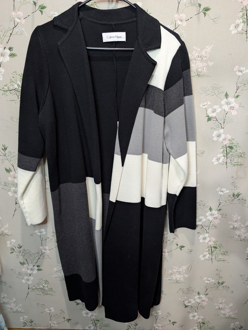 Calvin Klein Black Gray White Long Colorblock Open Cardigan - Picture 2 of 7